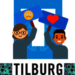 Illustratie van vrouw die om hulp vraagt en een man die helpt met logo van gemeente Tilburg