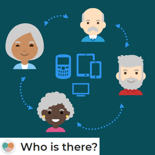 Illustratie van personen die digitaal met elkaar in contact staan met logo van Who is there