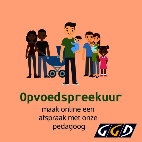 Illustratie van clubje ouders met tekst: Opvoedspreekuur en logo van de GGD