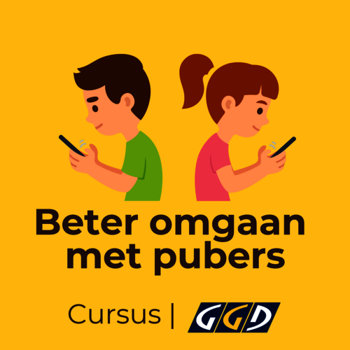 Illustratie van twee kinderen met smartphone en tekst: Beter omgaan met pubers