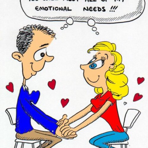 Illustratie van twee verliefde figuren met de tekst 'You will meet all my emotional needs'