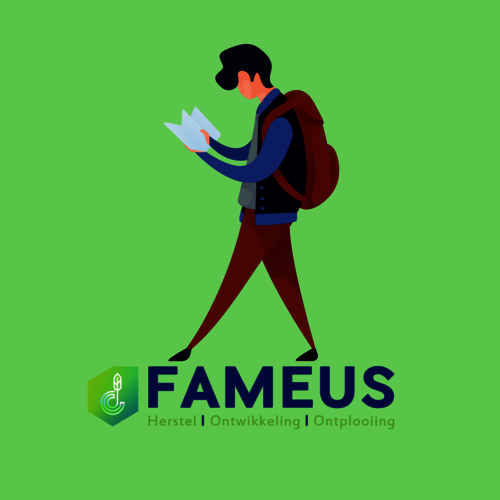 Illustratie van wandelaar en logo van Fameus