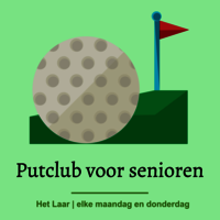 Illustratie van golfbaan met tekst putclub voor senioren
