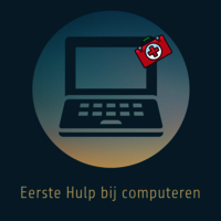 Illustratie van laptop met ehbo koffer en tekst: Eerste hulp bij computeren