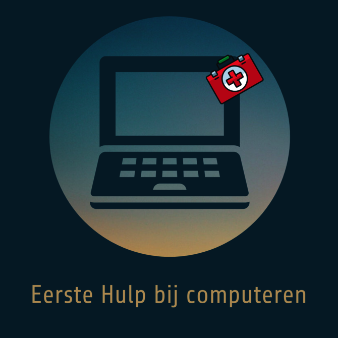 Illustratie van laptop met ehbo koffer en tekst: Eerste hulp bij computeren