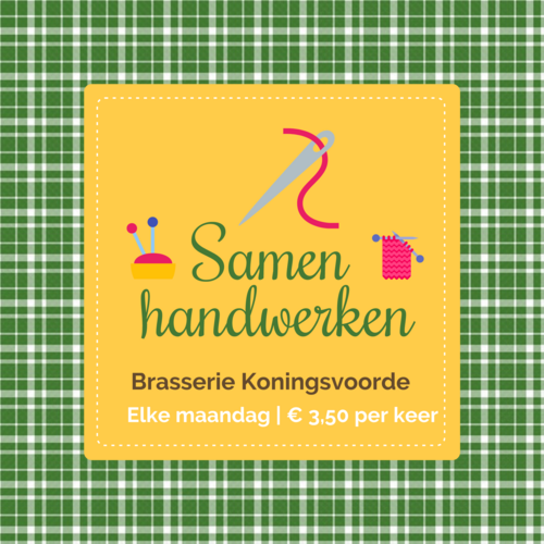 Illustratie van naald en draad met tekst samen handwerken