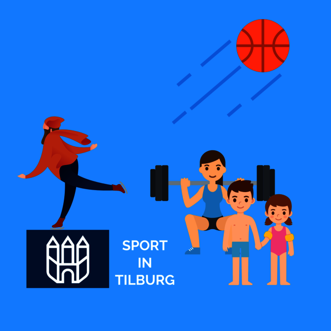 Illustratie van verschillende sporten met logo van gemeente Tilburg 