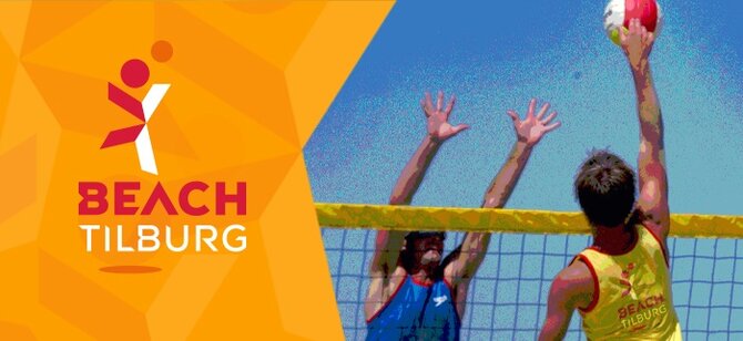 Afbeelding van 2 personen die Beachvolley spelen met het logo Beach Tilburg