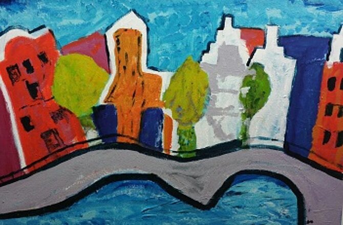 Foto van een kleurrijk schilderij van cursist schilderclub Renoir