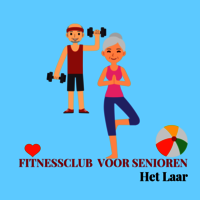 Illustratie van seniore man en vrouw in beweging met tekst fitnessclub voor senioren Het Laar
