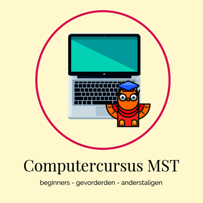 Illustratie van laptop met uil met tekst Computercursus bij MST