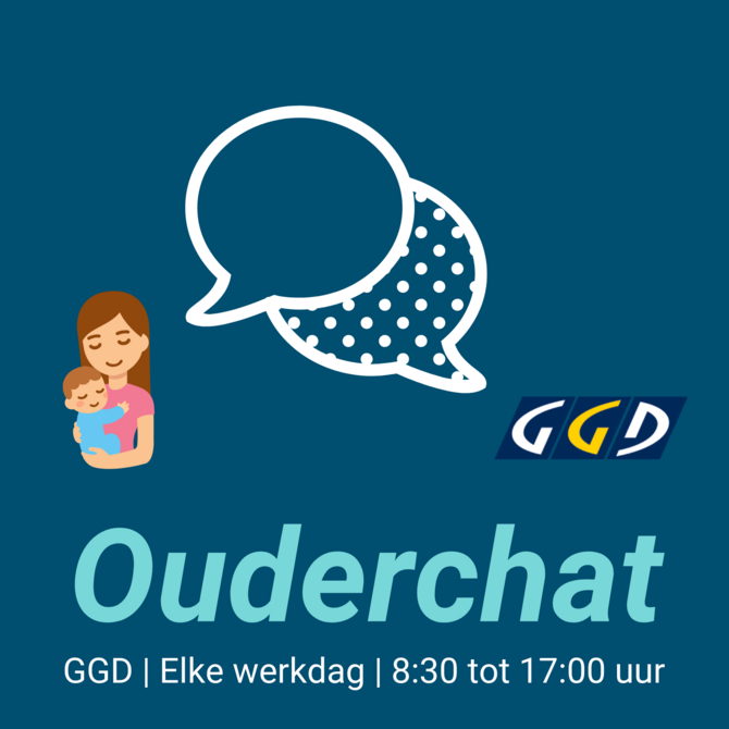 Illustratie van moeder met kind in gesprek met GGD met tekst: Ouderchat