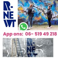 Foto van begeleiders van R-Newt, logo R-newt en whatsapp nummer