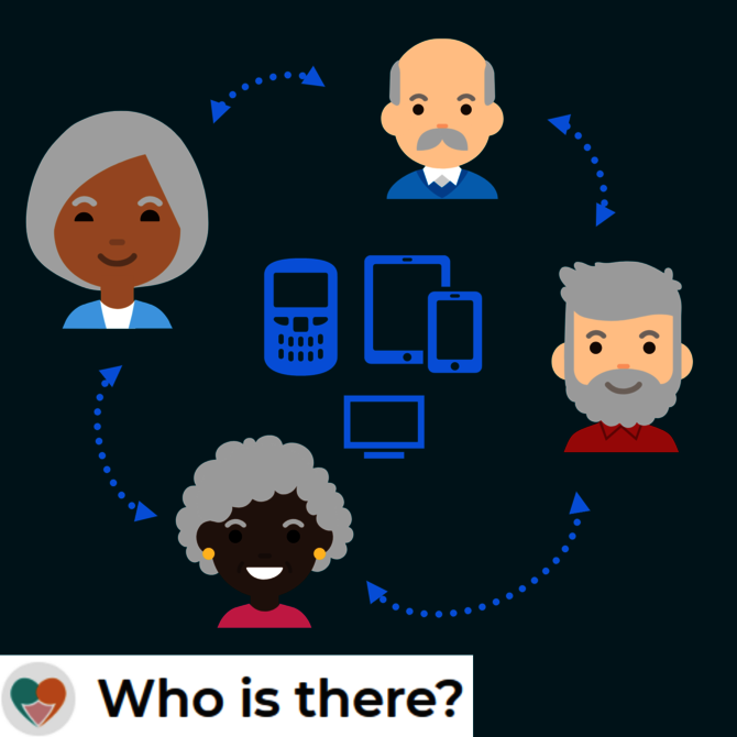 Illustratie van personen die digitaal met elkaar in contact staan met logo van Who is there