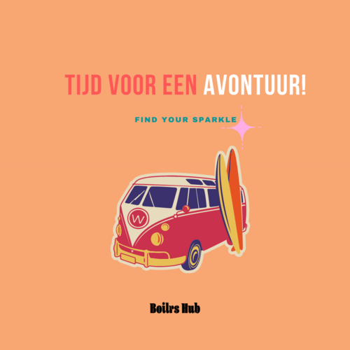 Illustratie van volkswagenbusje met surfplank en tekst: tijd voor een avontuur