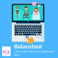 Illustratie van laptop met op scherm kinderen die zorg nodig hebben. Ook de tekst: Balanstool voor ouders van een zorgintensief kind
