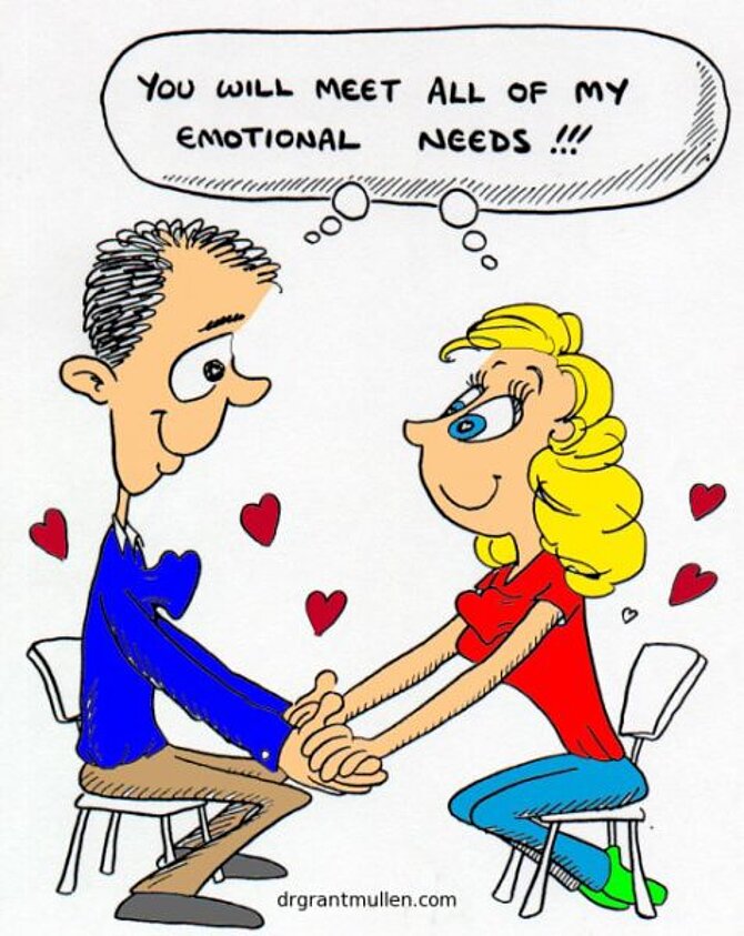 Illustratie van twee verliefde figuren met de tekst 'You will meet all my emotional needs'