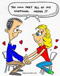 Illustratie van twee verliefde figuren met de tekst 'You will meet all my emotional needs'