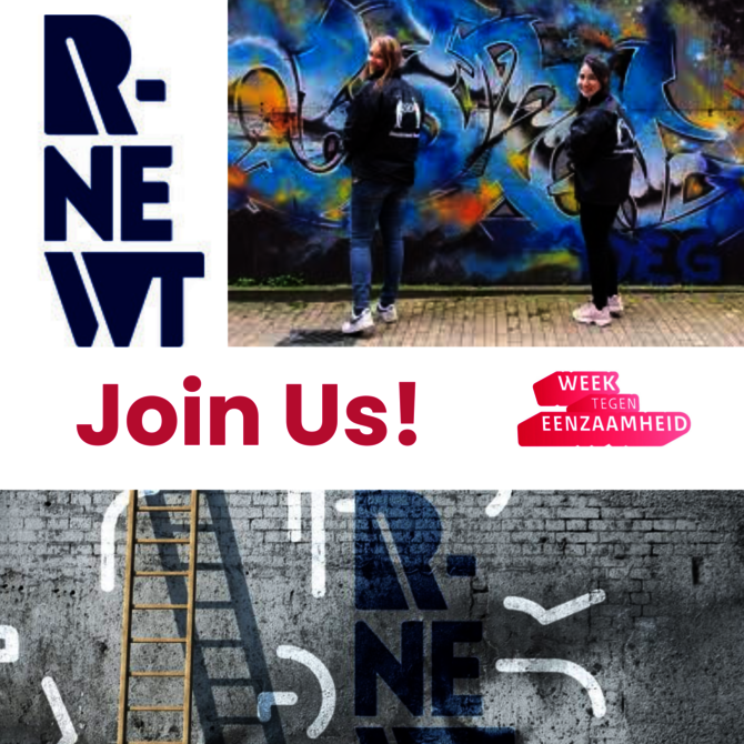 Afbeelding van logo R-newt en jongeren voor een grafity muur