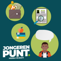 Afbeelding met logo van jongerenpunt en illustraties van geld, cv en studieboeken