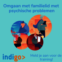 Illustratie van verschillende soorten mensen met tekst omgaan met familielid met psychische problemen en logo indigo