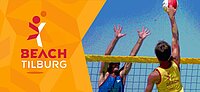 Afbeelding van 2 personen die Beachvolley spelen met het logo Beach Tilburg