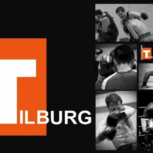 Afbeelding van een aantal actiefoto's van Kickboxing Tilburg en het stadslogo T.