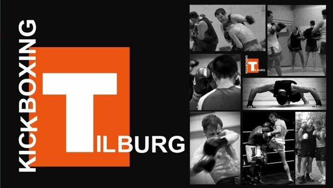 Afbeelding van een aantal actiefoto's van Kickboxing Tilburg en het stadslogo T.