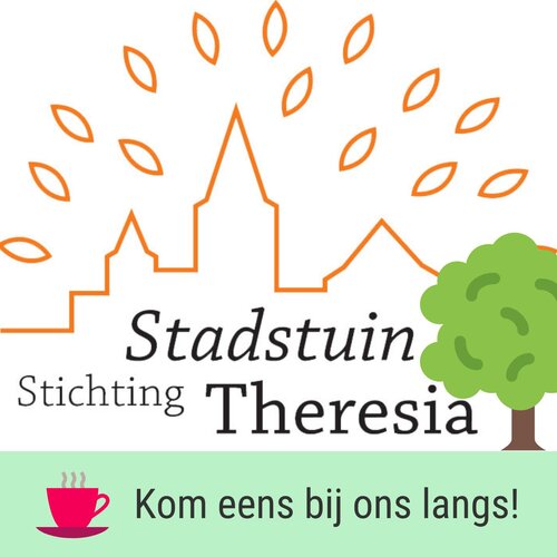 Logo van Stadstuin theresia met tekst: Kom eens langs!